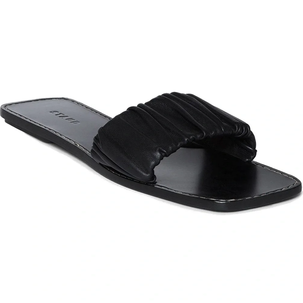 STAUD Black Nina Ruched Slide Slip On Leather Sandal Made in Portugal, Size 9